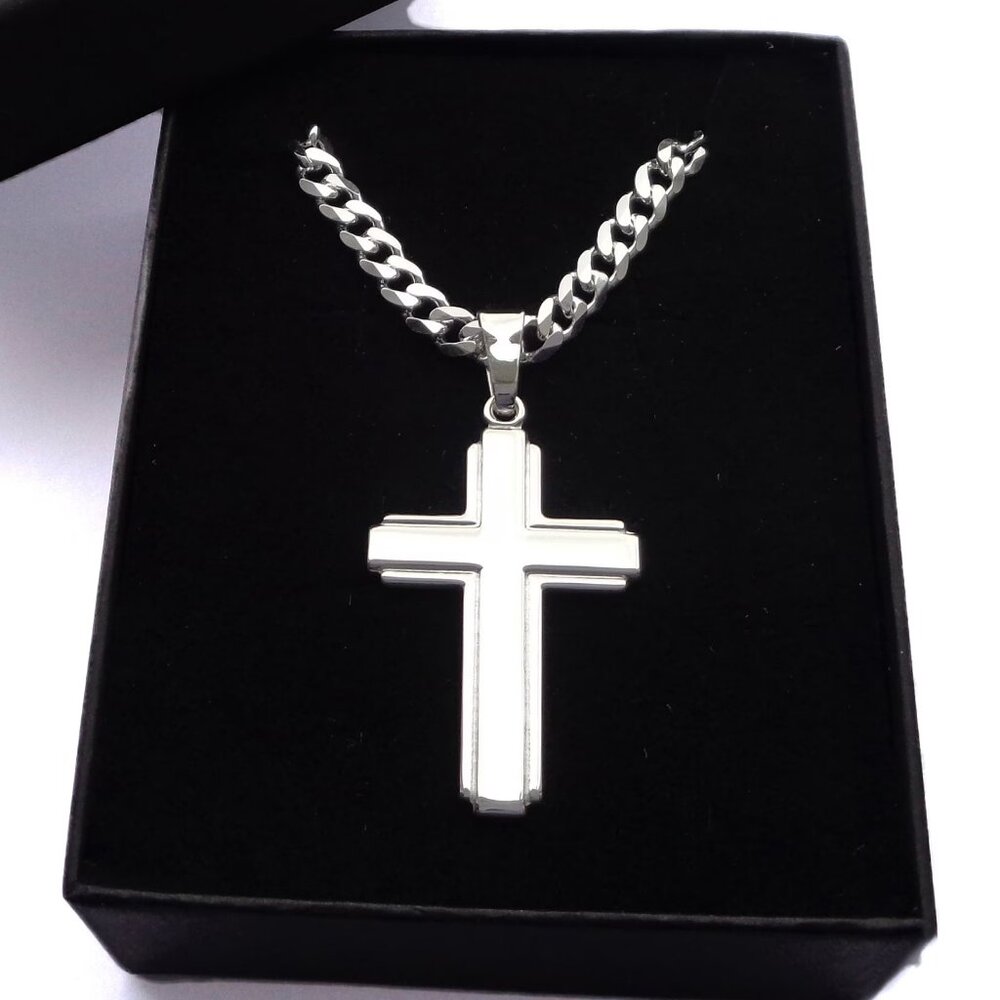 Sterling Silver Large Christian Cross Pendant with Curb Chain Stamped 925 Italy